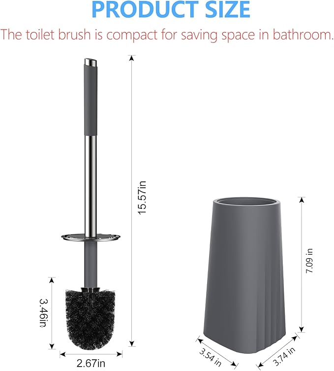 SetSail Toilet Brush, Compact Size Toilet Bowl Brush and Holder Toilet Brushes for Bathroom with Stainless Steel Handle Toilet Cleaner Brush with Durable Scrubbing Bristles, Grey