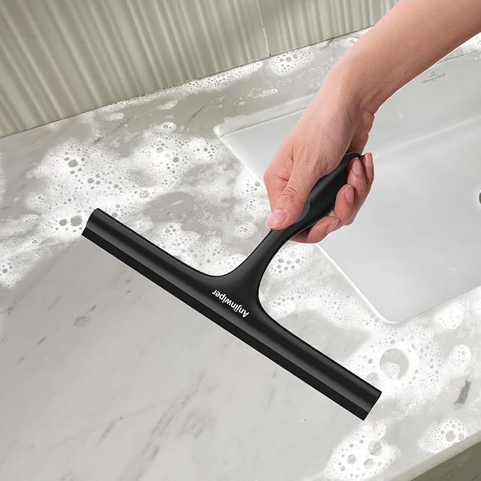 Shower Squeegee for Glass Doors with Adhesive Hook, Window Squeegee for Shower Glass, Cleaning Tile Wall, Bathroom Cleaner Tool Household Silicone Squeegee(10 inch-Black)