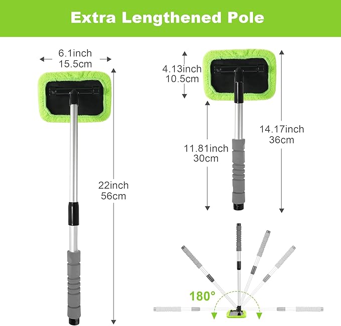 XINDELL Windshield Cleaner Tool – Car Window Cleaning Tool 22inch Extendable Long Handle for Easy Cleaning, 9pcs Reusable Microfiber Pads, Streak-Free Interior & Exterior Auto Glass Cleaner (Green)