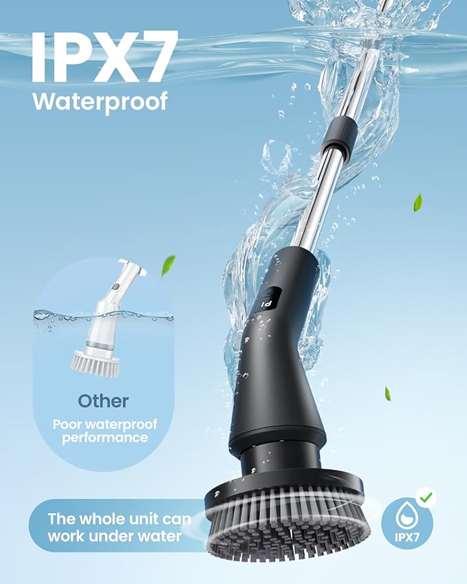 Leebein Electric Spin Scrubber, 2026 Upgraded Cordless Cleaning Brush Bathroom Scrubber, IPX7 Waterproof Electric Scrubber with 7 Brush Heads, Extendable Long Handle Power Scrubber for Bathtub Floor