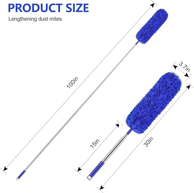 SetSail Extra-Long Dusters with Extension Pole 100-inch for Cleaning Bendable Microfiber Head Washable Ceiling Fan Cleaner Duster for Corner, High Ceilings, Furniture, Blue
