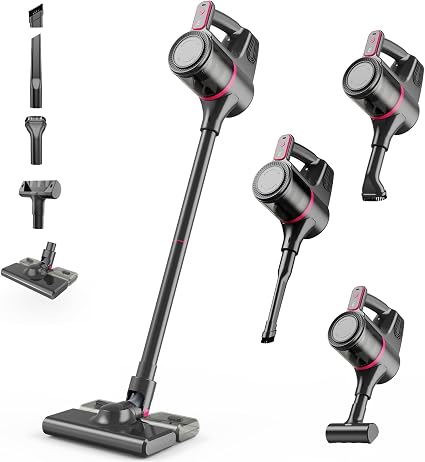 Cordless Vacuum Cleaner, Stick Vacuum Cordless Rechargeable with 16KPa Powerful Suction and 3 Power Levels, 8-in-1 Light