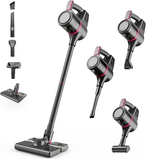 Cordless Vacuum Cleaner, Stick Vacuum Cordless Rechargeable with 16KPa Powerful Suction and 3 Power Levels, 8-in-1 Light