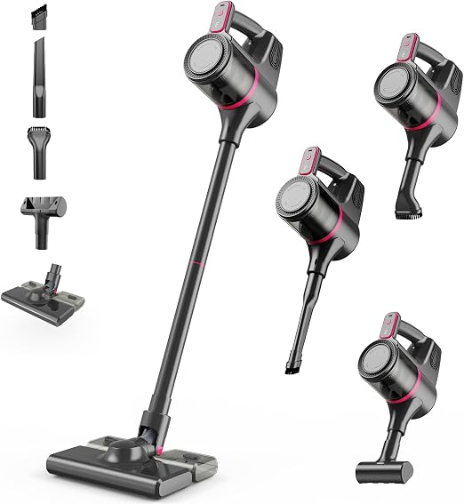 Cordless Vacuum Cleaner, Stick Vacuum Cordless Rechargeable with 16KPa Powerful Suction and 3 Power Levels, 8-in-1 Light