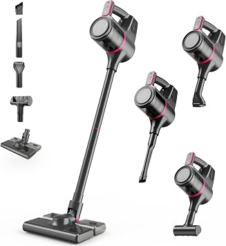 Cordless Vacuum Cleaner, Stick Vacuum Cordless Rechargeable with 16KPa Powerful Suction and 3 Power Levels, 8-in-1 Light