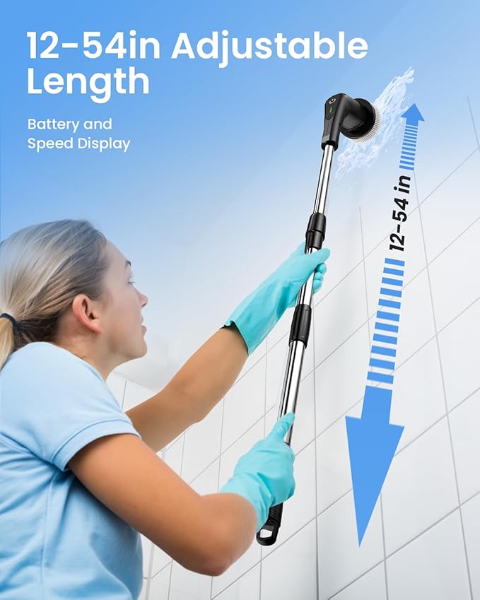 Leebein Electric Spin Scrubber, Cordless Cleaning Brush with 8 Replaceable Brush Heads, Tub and Floor Tile Power Scrubber Dual Speed with Adjustable & Detachable Handle for Bathroom Tub (All Black)