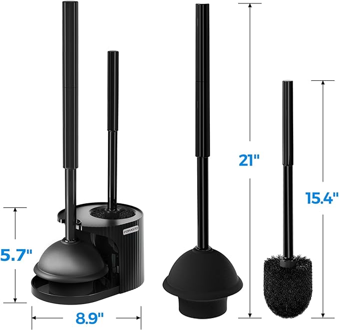 FORASTO 2 in 1 Toilet Plunger and Brush Set, Toilet Bowl Cleaning Combo, Groove Gap Brush, Black