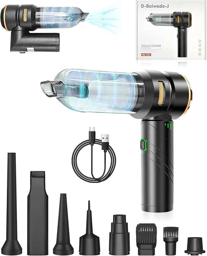 Foldable Cordless Handheld Car Vacuum Cleaner, 15000PA High Power 2-in-1 Mini Vacuum Duster & Inflator, with 3-Speed Brushless Motor for Car Care, Home, Office, Pet