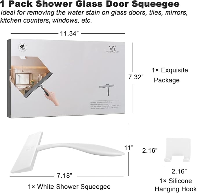 Shower Squeegee for Glass Doors, 11-Inch Silicone Squeegee with Non-Slip Handle and Adhesive Hook for Bathroom, Mirror, Tile, Car Window (White)