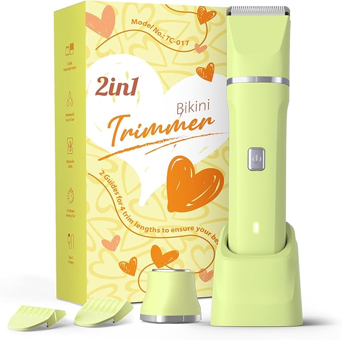 Risina Bikini Trimmer for Women - Bikini Shaver, Wet/Dry Electric Razor for Women, Dual Head Trimmer for Bikini Line and Underarms, IPX7 Waterproof, Cordless Rechargeable, Birthday Gifts for Women