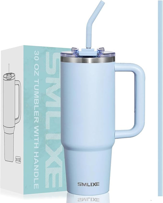 30 oz Tumbler with Handle, Tumbler with Lid and Straw, Double Wall Vacuum Insulated Travel Mug Stainless Steel Tumbler for Hot and Cold, Cupholder Friendly (Blue)