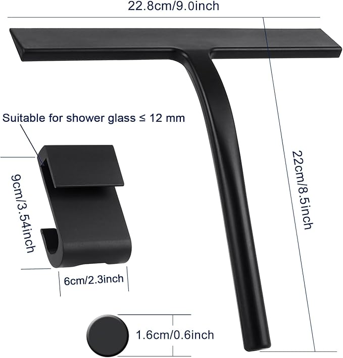 All -Purpose Silicone Shower Squeegee for Shower Glass Door with Hook, Bathroom Accessories for Window Mirror Tile Car Shower Walls,Household Shower Cleaner Tool (Black, 9 inch(1 Hook)