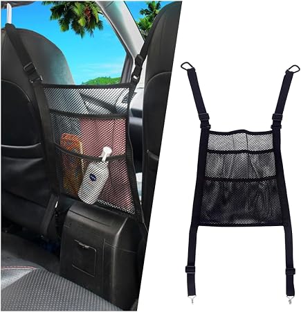 zipelo Car Mesh Organizer, 3 Layer Vehicle Barrier of Backseat Pet Kids, Elastic Automotive Net Pocket Handbag Tissue Pu