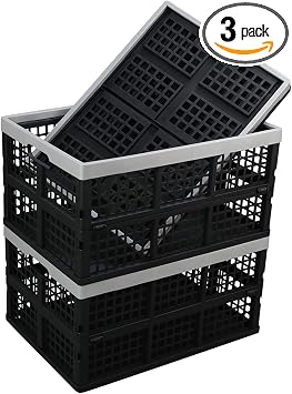 Kekow 3-Pack Black Plastic Collapsible Storage Basket, 42 L Folding Crates
