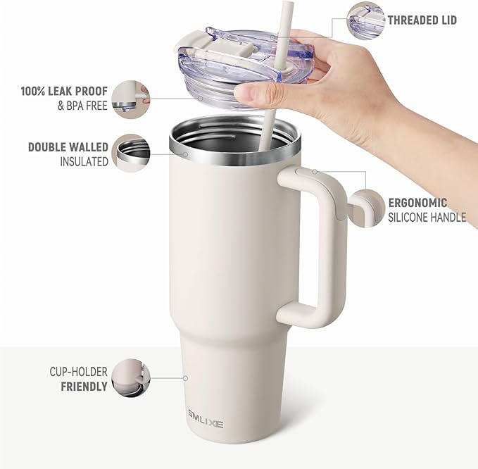 40 oz Tumbler with Handle and Straw Lid,Insulated Reusable Stainless Steel Water Bottle Travel Mug，Cupholder Friendly Double Wall Vacuum Sealed Cup (Almond Birch)