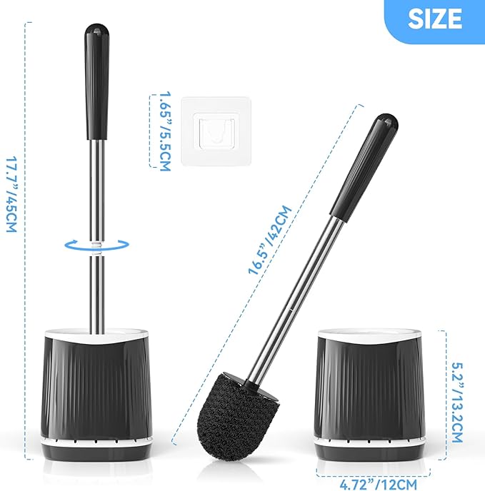 TRENTI Toilet Brush, Toilet Brush and Holder Set, Bristles Toilet Bowl Brush Head with Ventilated Holder, Wall Mounted Compact Toilet Brush Set for Bathroom Deep Cleaning (1, Black)