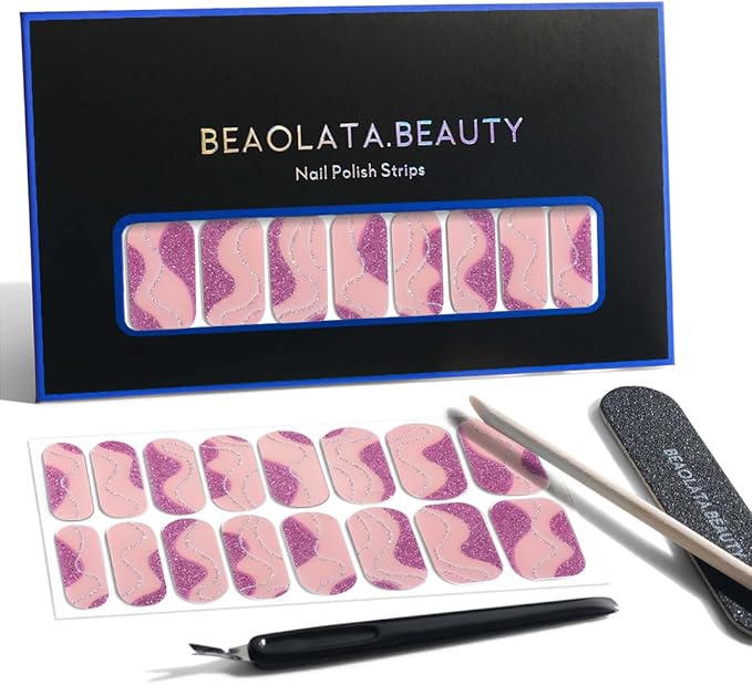 Nail Polish Strips, 32PCS Salon Quality Wraps, Long Lasting Gel Nail Stickers for Women Easy Apply& Remove (Champagne Glimmer Pink)