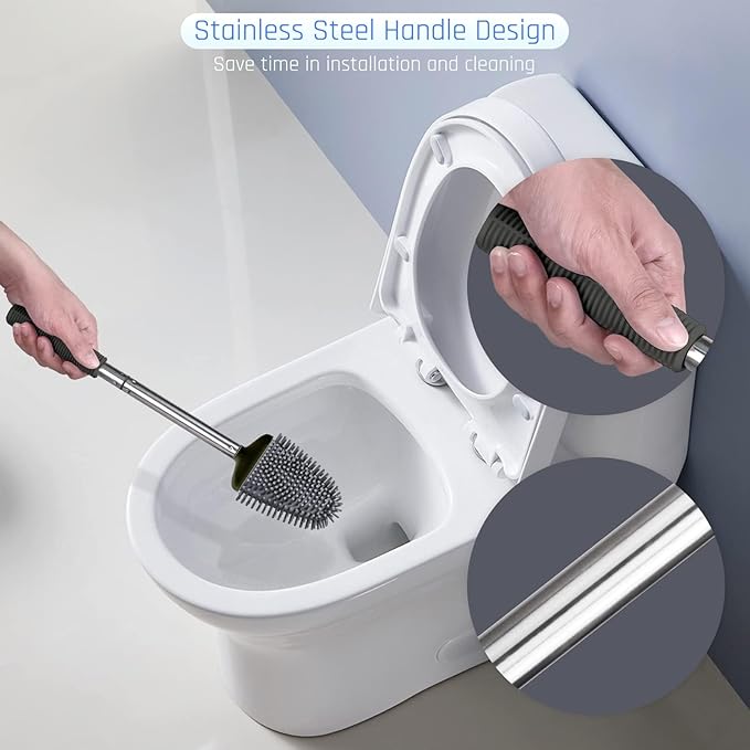 Sellemer Toilet Brush and Holder Set - Flexible Toilet Bowl Brush Head with Silicone Bristles, Compact Size for Storage and Organization, Ventilation Slots Base (2 Pack, Black)