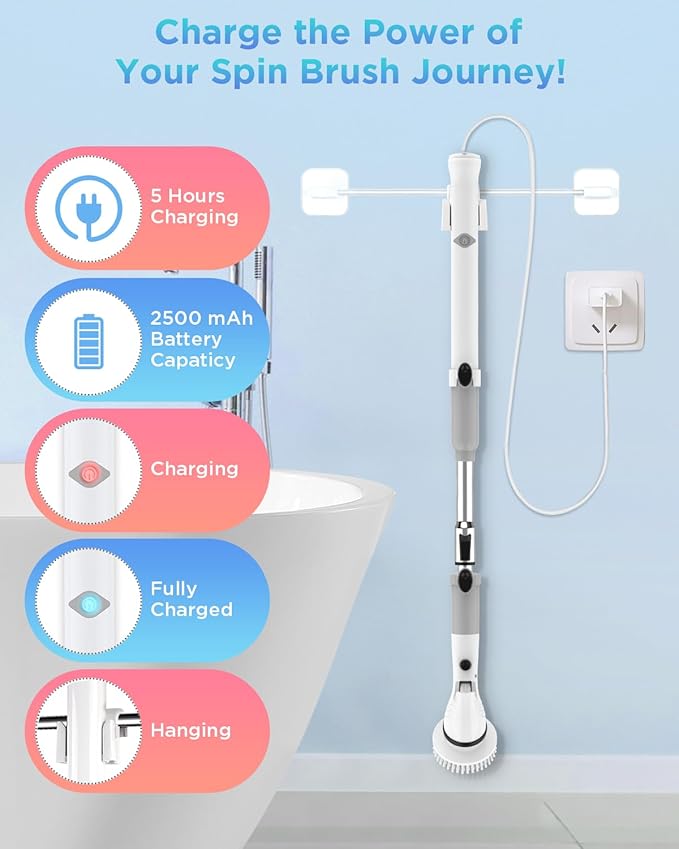 Electric Spin Scrubber, Cordless Power Brush Floor Scrubber with Adjustable Extension Arm and 4 Replaceable Bathroom Cleaning Brush Heads, Ideal for Tub, Tile, and Floor Cleaning