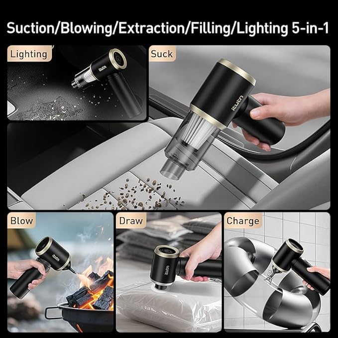 Y8-Max Car Vacuum Cordless Portable with LED Light, 18000PA Powerful Suction, 5-in-1 Mini Vacuum Cleaner & Compressed Air Duster Blower, Handheld Vacuum for Home, PC Keyboard, Pet Hair