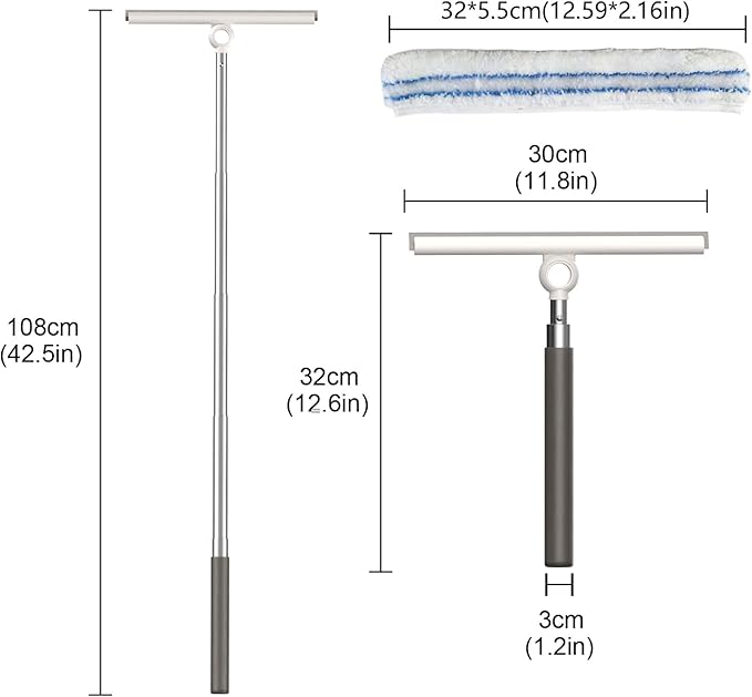 Shower Squeegee for Glass Doors, Telescopic 2-in-1 Squeegee for Window Cleaning with Microfiber Scrubber for Bathroom, Tile Wall, Car Windshield