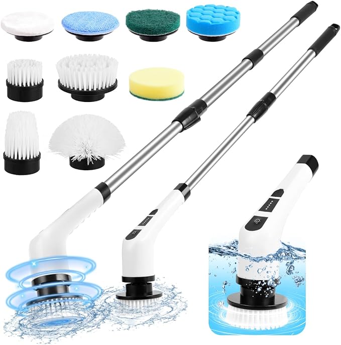 WDFAACK Electric Spin Scrubber,Cordless Spin Scrubber for Cleaning with 8 Replaceable Brush Heads,Shower Scrubber with Adjustable Detachable Handle for Bathroom,Kitchen