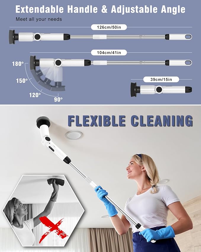Electric Spin Scrubber, [IPX8 Waterproof ] [50KG Torque] Shower Scrubber with 9 Brush Heads, 2 Speed Mode, 4 Adjustable Angles, Electric Brush for Cleaning for Bathroom Floor Tile