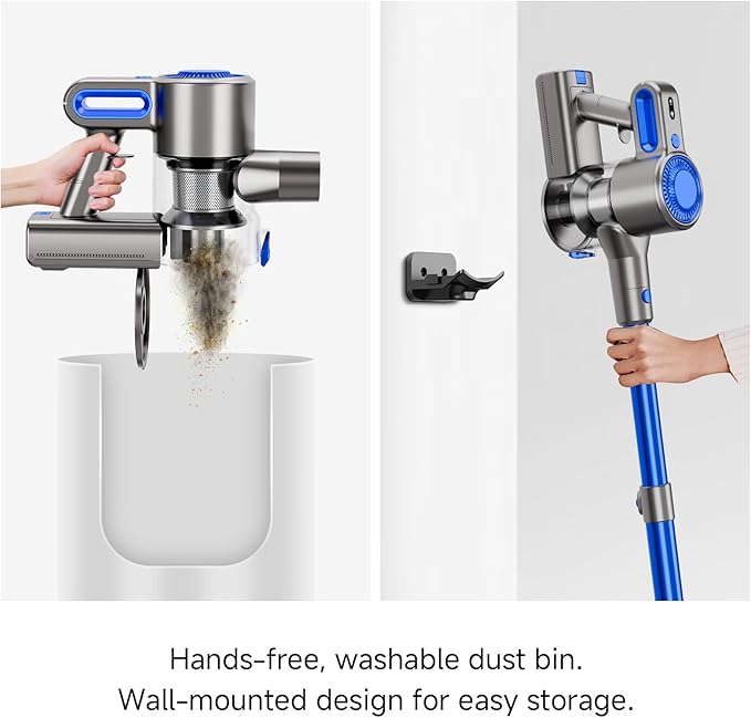 Cordless Vacuum Cleaner for Home, Powerful Stick Vacuum with Rechargeable Battery, Green Light Anti-Tangle Brush, 6-in-1 Lightweight Handheld Vacuum for Pet Hair, Hard Floor, Carpet, Blue