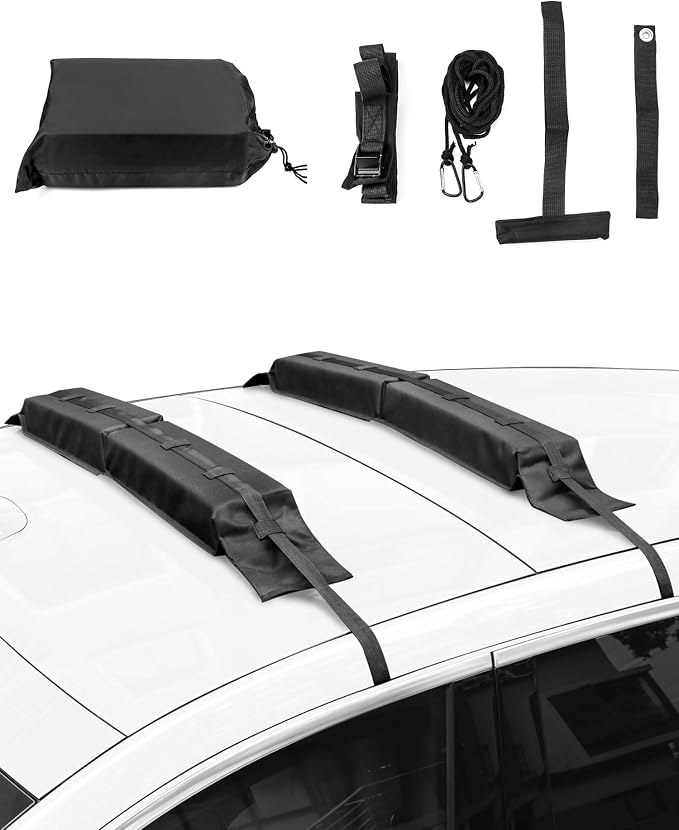 QWORK Universal Soft Roof Rack Pads with 16ft Waterproof Tie-Down Straps, Car Roof Top Carrier System for Kayak Surfboar