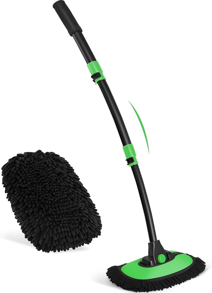 Ordenado 15°Curved Car Wash Brush with Long Handle, 43" Car Cleaning Brush with Extension Pole, Microfiber RV Wash Mop Scratch-Free, Exterior Washer Mop for Washing Roof Truck Camper SUV Caravan Green