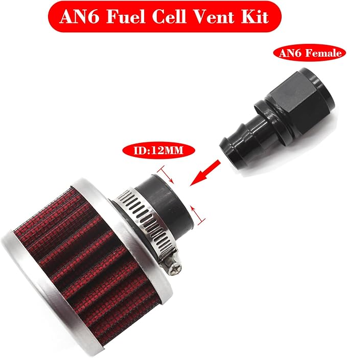 12mm Fuel Cell Breather/Vent -6 AN Female Fitting with Air Filter Rebuild Kit