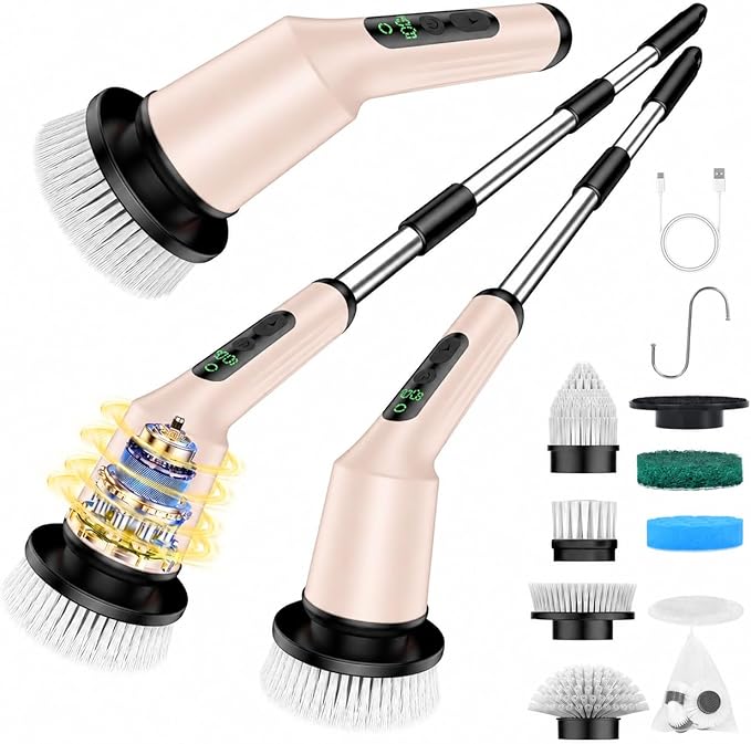 Electric Spin Scrubber, Shower Cleaner Scrubber with Adjustable Long Handle, Bathroom Cleaning Brush with 8 Brush Heads 2 Speed LCD Display, Cleaning Supplies for Bathtub Kitchen Floor Tile Toilet
