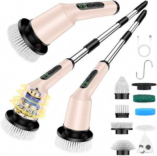 Electric Spin Scrubber, Shower Cleaner Scrubber with Adjustable Long Handle, Bathroom Cleaning Brush with 8 Brush Heads 2 Speed LCD Display, Cleaning Supplies for Bathtub Kitchen Floor Tile Toilet