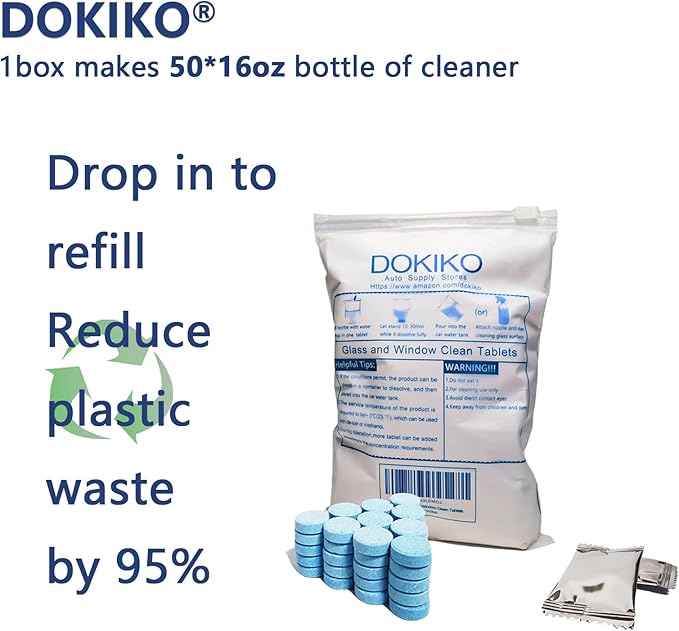 DOKIKO Glass Cleaner Refill Tablets - 50 Concentrated Multi-Surface Cleaning Tablets, 1 Pack Makes 50 * 16 fl oz Spray for Windows, Mirrors, Windshields & More