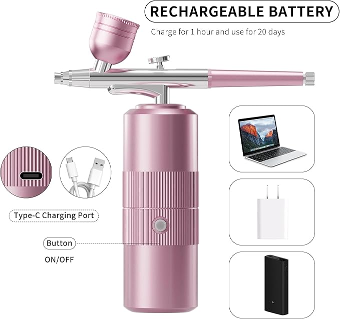 Airbrush Kit with Compressor Portable Airbrush Kit 48PSI High-Pressure Non-Clogging Air Brush Set Cordless Rechargeable with 0.3mm Nozzle and Cleaning Brush for Painting,Nail Art, Makeup (pink)