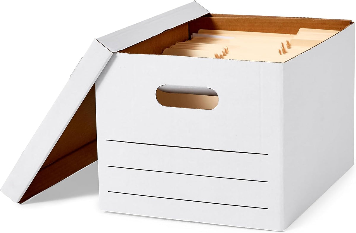 Storage/Filing Boxes with Lift-Off Lid, Letter/Legal Size, Collapsible, Tape-Free Assembly, White, 16.2" L x 12.5" W x 10.5" H, 20-Pack