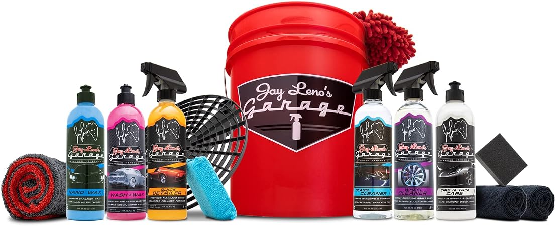 Jay Leno's Garage Car Detailing Kit with Bucket – Essential Car Cleaning Kit, Sprays, Liquids, Microfiber Towels, Applic