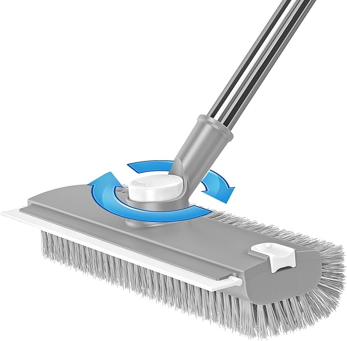 Floor Scrub Brush with Long Handle: 3 in 1 Heavy-Duty Floor Scrubber Brush with Squeegee for Cleaning Tile Bathroom Deck Kitchen Patio - Gray