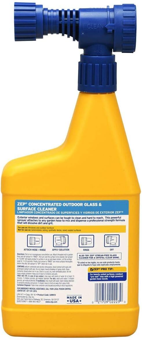 Zep Hose-End Outdoor Cleaner - 32 Ounces - U49910 - Great for Outdoor Glass and Surfaces