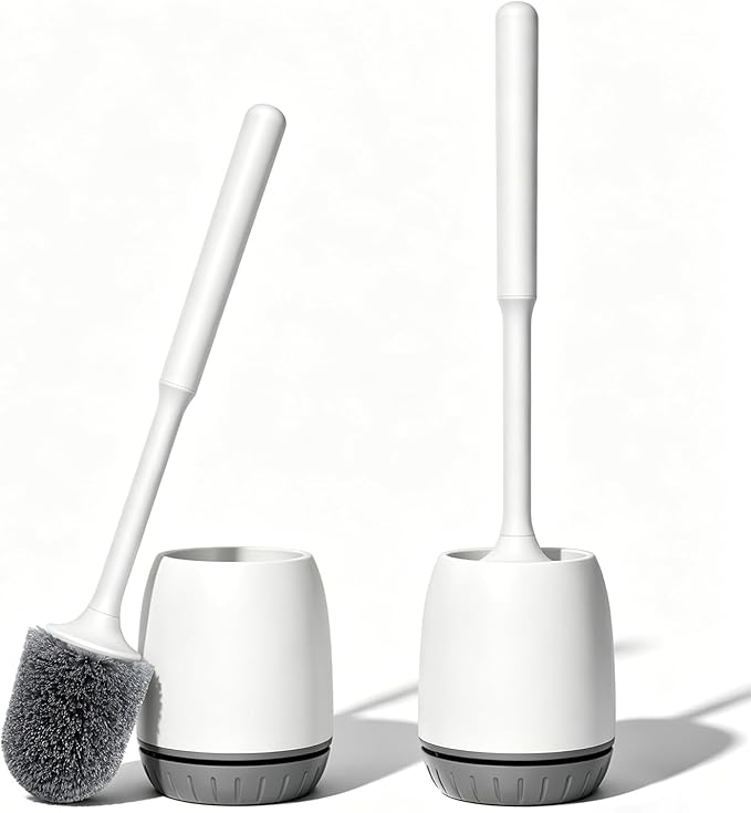Toilet Brush, 2 Pack Toilet Bowl Brush and Holder Set Ergonomic Long Handle Toilet Scrubber with Ventilated Base for Quick Drying, for Bathroom Cleaning, White & Gray