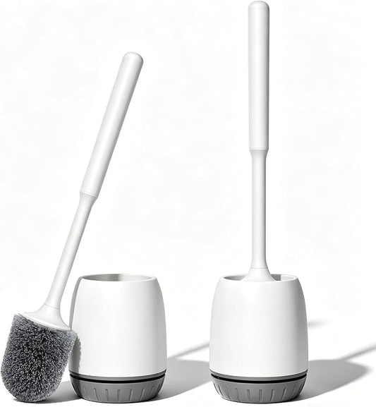 Toilet Brush, 2 Pack Toilet Bowl Brush and Holder Set Ergonomic Long Handle Toilet Scrubber with Ventilated Base for Quick Drying, for Bathroom Cleaning, White & Gray
