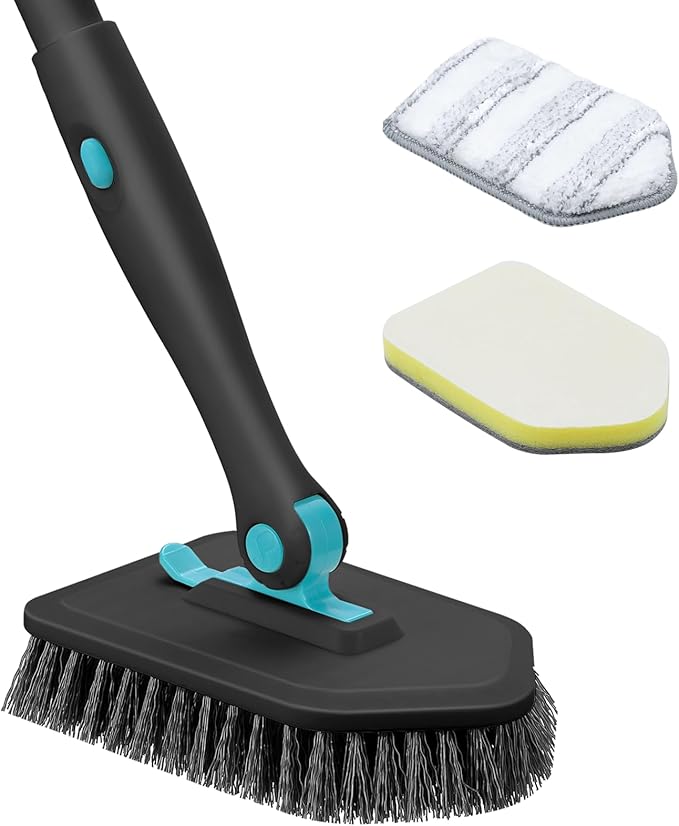 nacena Shower Scrubber with Long Handle, 4 in 1 Tile Tub Scrubber Brush with 3 Detachable Cleaning Shower Heads and Floor Squeegee Shower Cleaner Brush for Bathroom Kitchen Tub Sink Floor, Black