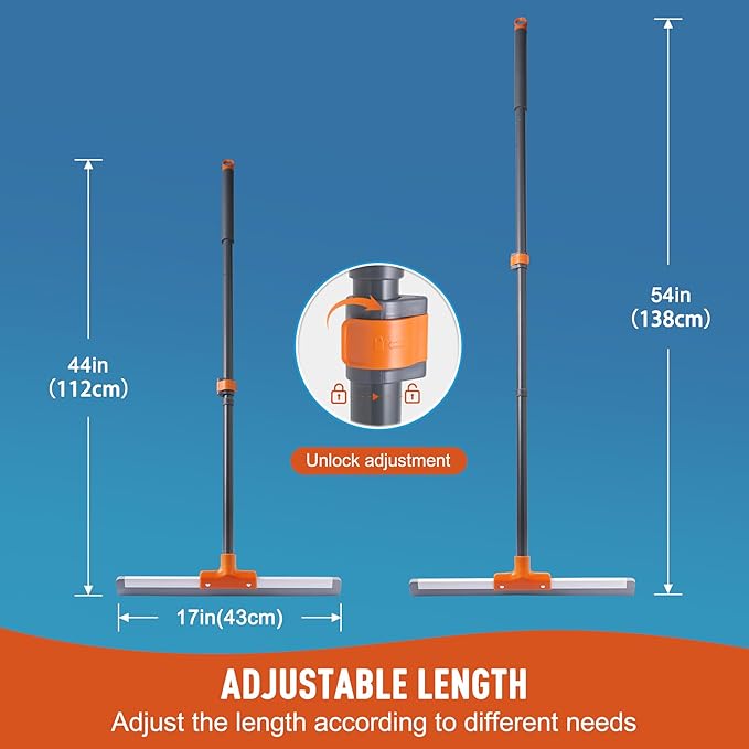 CLEANHOME Rubber Floor Squeegee for Concrete Floor, Tile Floor, Metal Aluminium Heavy Duty Garage Shower Floor Squeegee Broom for Removing Water, Commercial Scrubber Mop with Extendable Long Handle