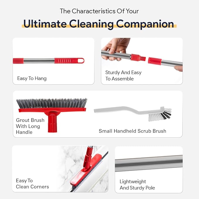 Foxtrot Living 2 in 1 Grout Brush with Long Adjustable Telescopic Handle and Handheld Stiff Bristle Scrubber, Swivel Grout Cleaner for Tile Floors, Grout Cleaning Brush for Floor Cleaning