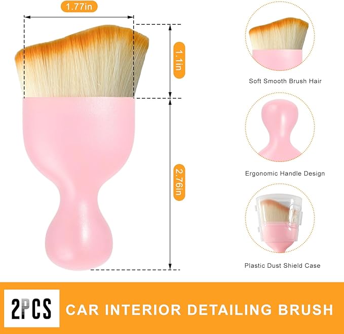 2 PCS Car Interior Detailing Brush, Curved Car Interior Cleaning Brush with Ultra Soft Bristles & Dust Cover, Scratch-Free Auto Dusting Brushes for Dashboard AC Vent Leather (Pink)