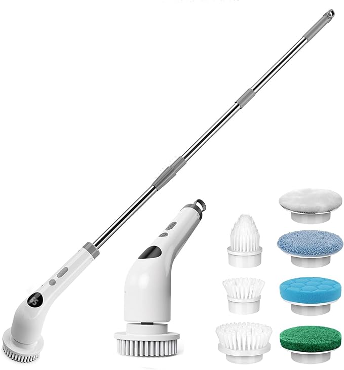 qimedo Electric Spin Scrubber with Extended Long Handle, Rechargeable Handheld Electric Scrubber for Cleaning, Cordless Power Dish Scrubber with 7 Brushes for Bathtub Grout Tile Floor