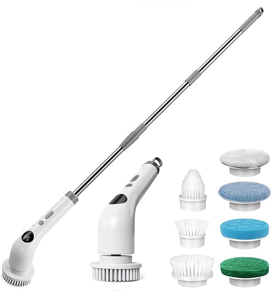 qimedo Electric Spin Scrubber with Extended Long Handle, Rechargeable Handheld Electric Scrubber for Cleaning, Cordless Power Dish Scrubber with 7 Brushes for Bathtub Grout Tile Floor