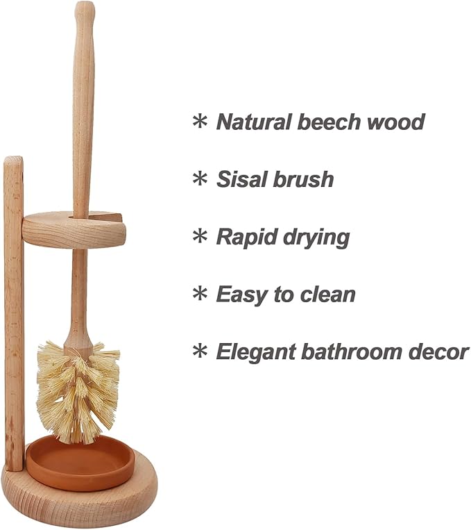 CRAKTH Wood Toilet Brush and Holder Set, Beechwood Toilet Bowl Cleaner Brush for Bathroom, Sisal Bristles Toilet Scrubber with Stand
