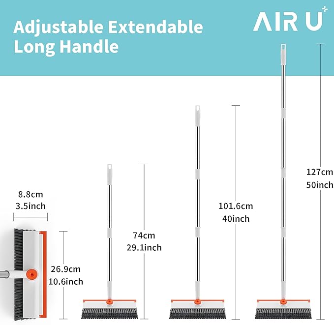 AIR U+ Floor Scrub Brush with Long Handle, 3 in 1 Scrape and Heavy-Duty Stiff Bristle Scrubber Brush for Cleaning Shower Bathroom, Patio, Pool, Garage, Kitchen, Wall and Deck, White and Orange