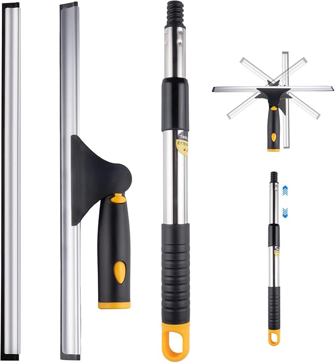 14" Window Cleaning Tool, All-Purpose Extendable Window Squeegee with 2 Blades and Stainless Steel Pole, Shower Squeegee for Glass Doors,Shower Doors, Windows, Bathroom and Car Windshields